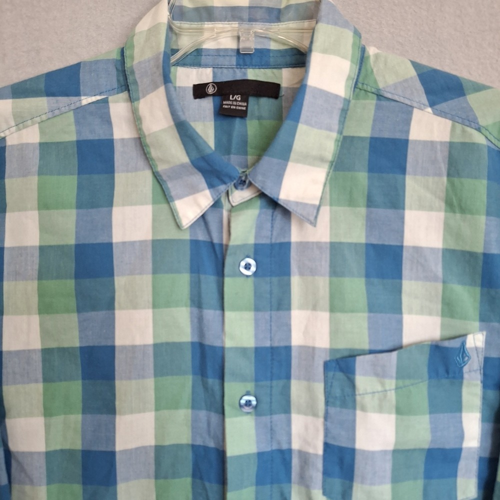 Volcom Men's Large Button Up Shirt Long Sleeve Blue Green Plaid Casual Office